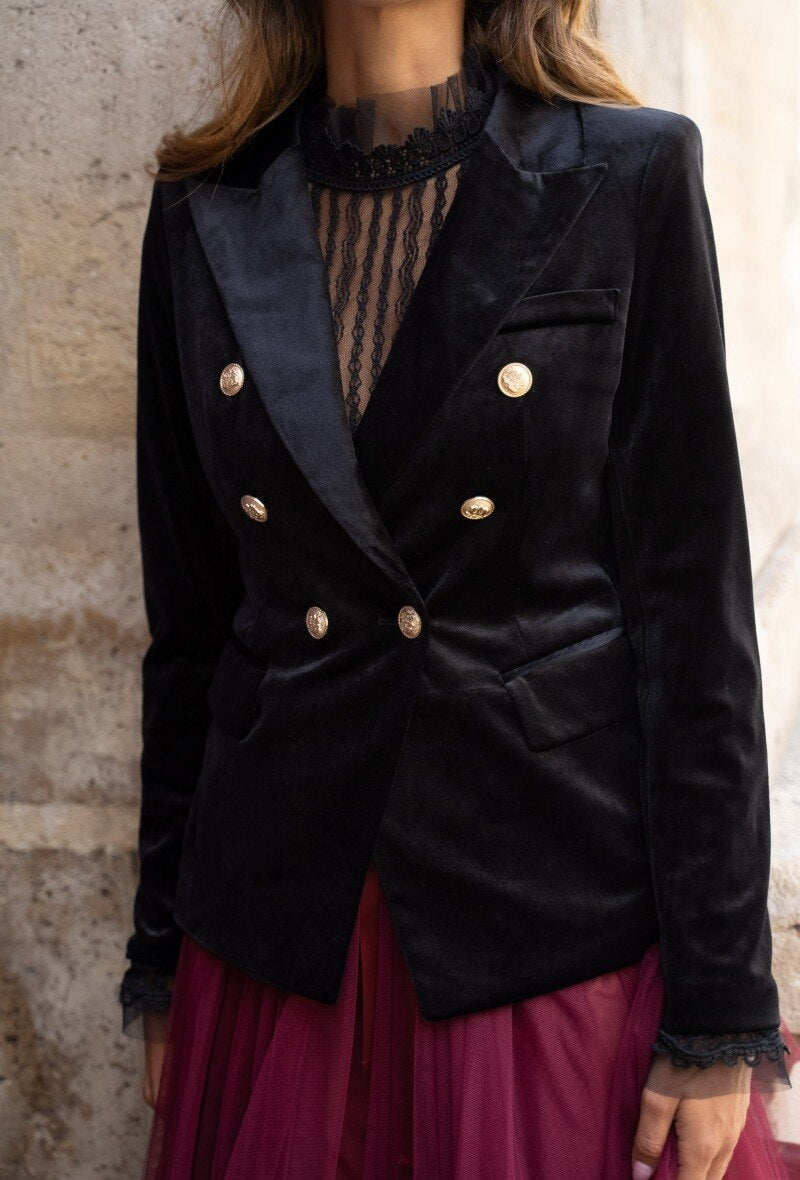Velvet Blazer Jacket with Gold Buttons