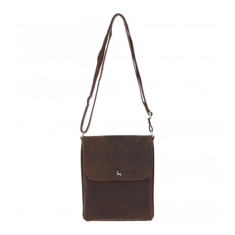 Womens Flap Over Leather Cross Body Bag Mud/brown: Ela 1495