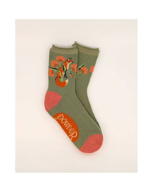 Fox in a Meadow Ankle Socks - Sage