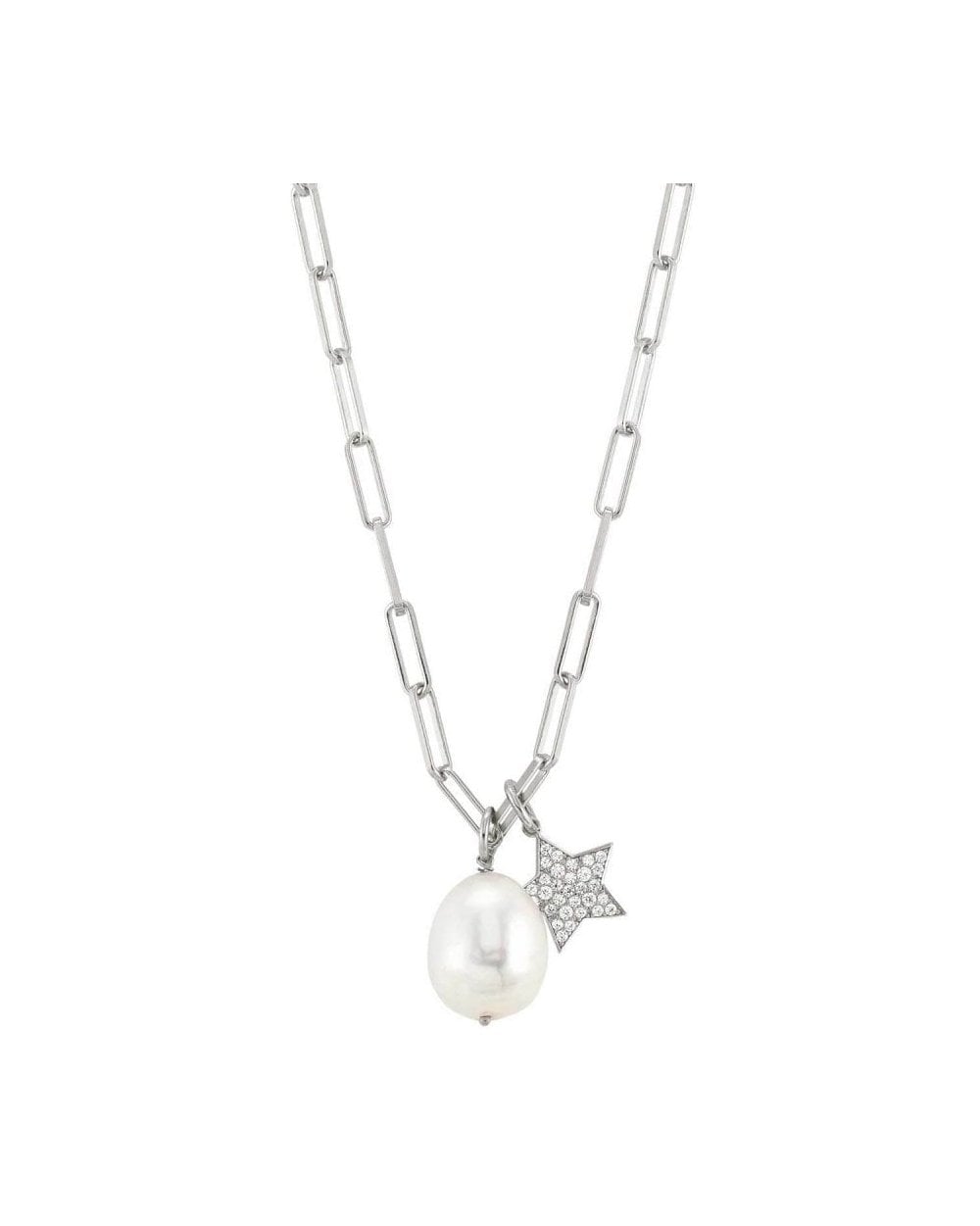 White Dream Necklace In 925 Silver Cubic Zirconia And White Pearl (E) Star
