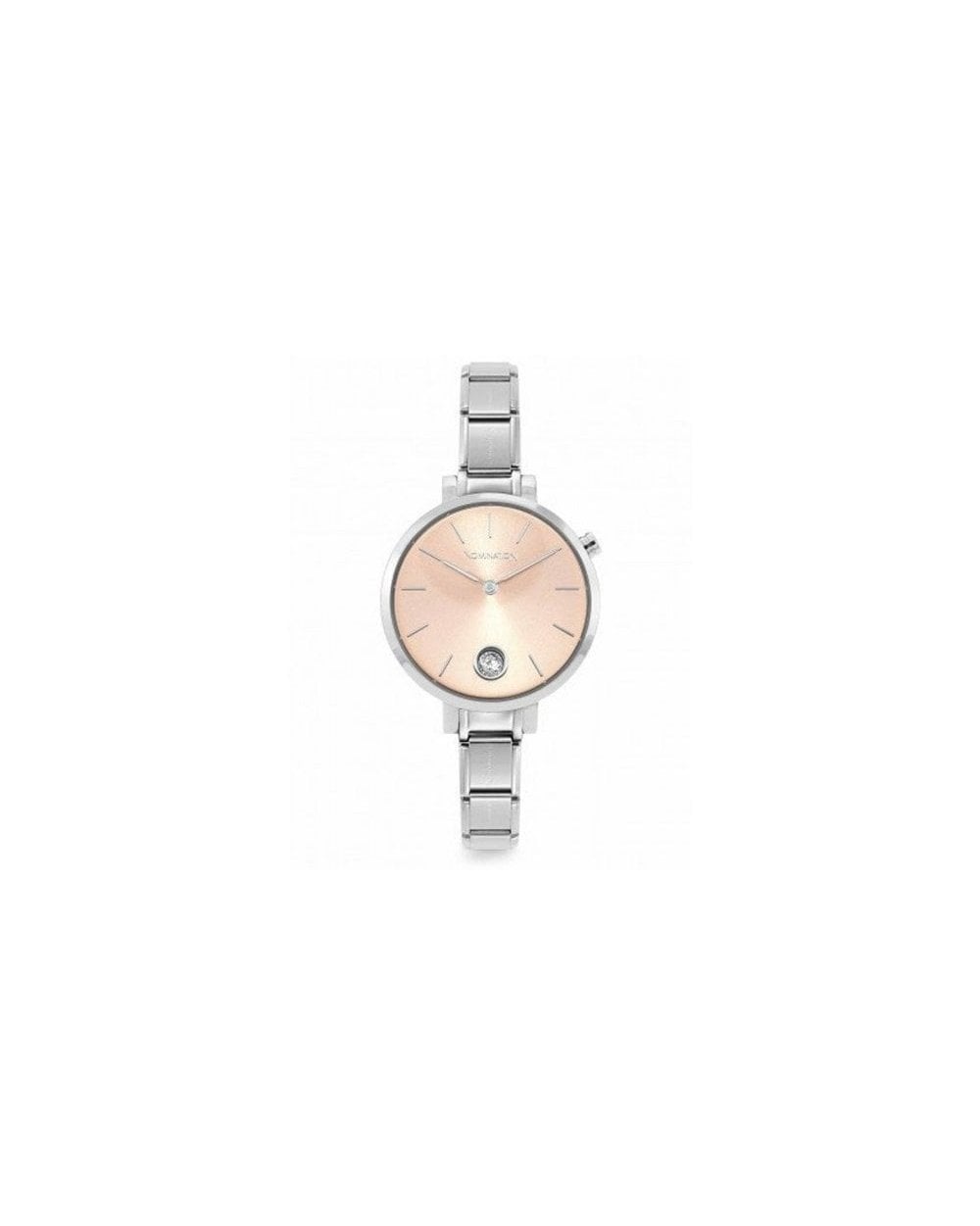 Paris Watch With Steel Band Round With Zircon Pink Gold