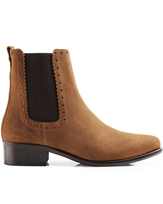 Womens Brogued Chelsea Tan Suede Boots