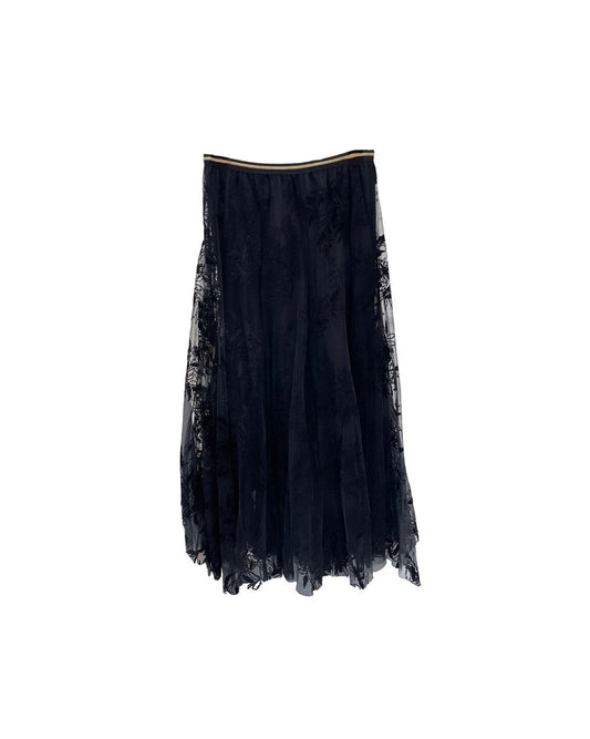 Tulle Flocked Leaf Layer Skirt in Black Small