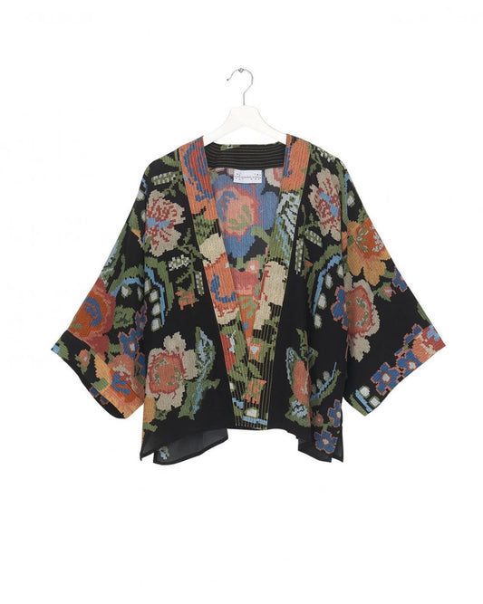 Woven Flower Black Crepe Kimono