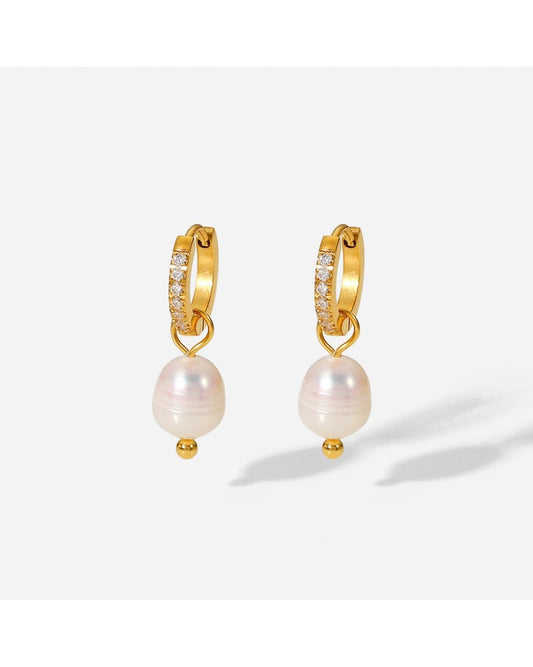 Cubic Zirconia hoop with Freshwater Pearl Drop in Gold