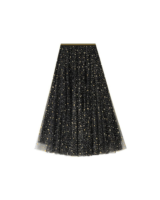 Printed Starburst Tulle Skirt in Black and Gold Small