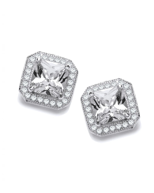 Cubic Zirconia Surround Square Silver Earrings